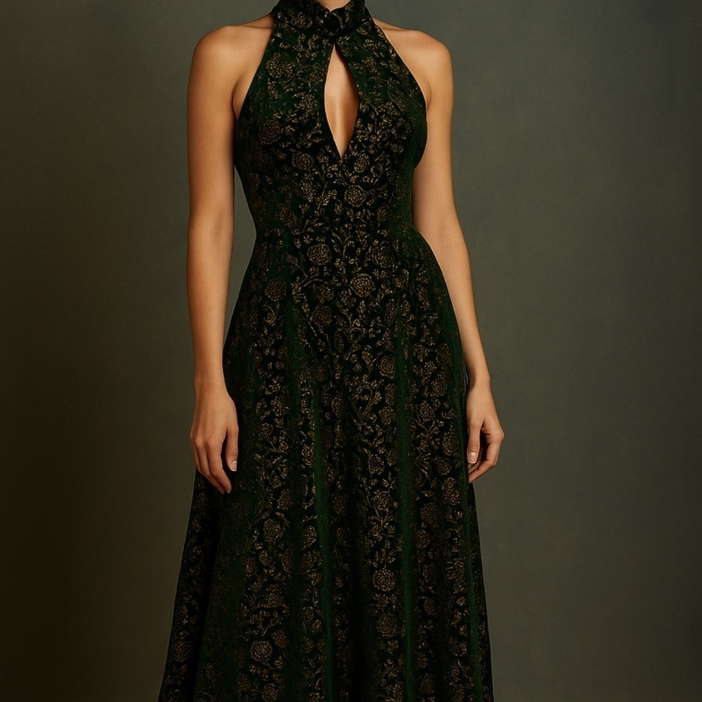 Vintage 60s 70s Maxi Dress Women’s Sz Small Green Velvet Metallic Floral Holiday